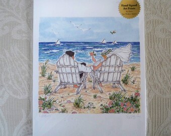 Vintage Bride and Groom Love Art Print Beach Wedding NOS Hand Signed