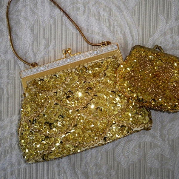 Vintage Evening Clutch Gold Sequin DeLill Evening Purse with Change Purse.