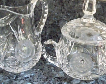 Vintage Serving Pressed Glass Etched Sugar and Creamer Set