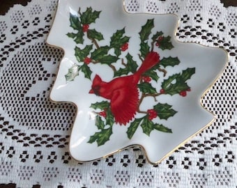 Vintage Serving Christmas Lefton Cardinal Tree Shape Candy Dish
