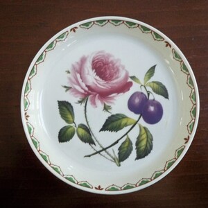May include: A white ceramic plate with a green and brown border. The plate features a hand-painted design of a pink rose and two purple plums.