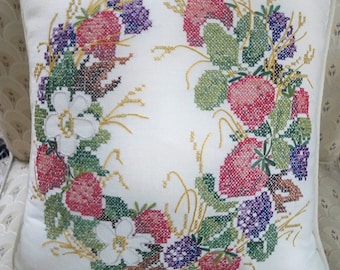 Vintag Decorative Pillow Hand Stitched Cross Stitch Strawberry Pillow