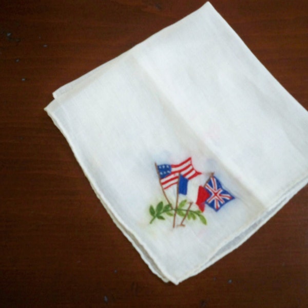 Vintage Accessory Handkerchief USA UK France Handkerchief Three Flags Collectible Hanky