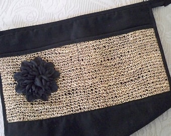 Bolso de mano vintage grande con detalles de rafia negra para mujer.