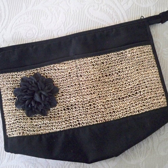 Vintage Bag Purse Large Clutch Black Raffia Accen… - image 1