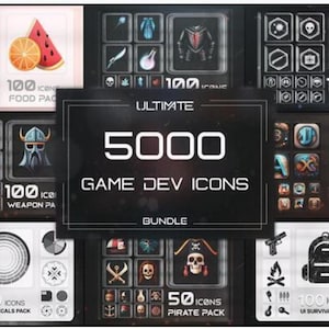 May include: A collection of game development icons, including food, weapons, sci-fi, pirate, and survival packs. The image features the text "ULTIMATE 5000 GAME DEV ICONS BUNDLE" and various icon sets, each labeled with the number of icons included.