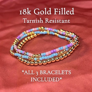 18k Gold Filled Beaded Bracelet Set, 2mm Seed Bead Stretch Bracelet Set, 4mm Gold Filled Bead Bracelet, Beachy Summer Stacking Bracelets