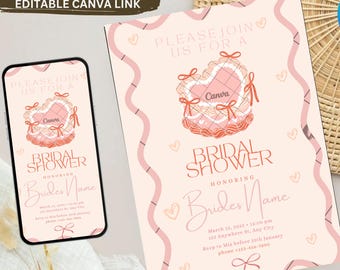 Bridal Shower Invitation, Hand Drawn Invite, Whimsical Bridal Shower Invite, Wavy Border Invitation, Bridal Shower Template, Bow Invitation