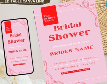 Bridal Shower Template, Bridal Shower Invitation, Hand Drawn Invite, Whimsical Bridal Shower Invite, Wavy Border Invitation, Bow Invitation
