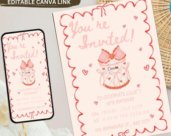 Editable Birthday Party Invitation, Hand Drawn Scribble Cocktail Invitation, 30th, 40th, 50th, Birthday Invite, Printable Canva Template
