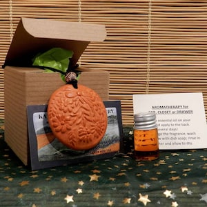 May include: Aromatherapy set with a terracotta-colored, floral-patterned pendant, a small bottle of essential oil, and a card with instructions. The pendant is attached to a black cord and sits in front of a cardboard box.