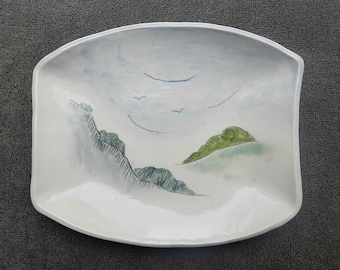 Stoneware Ogee Shaped Dish with Hand Painted Landscape