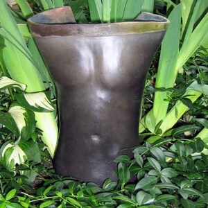 Peut inclure: Un vase en céramique gris foncé avec une large ouverture et une base étroite, entouré de feuillage vert.