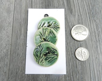 3 Green Round Buttons embossed with pine sprigs