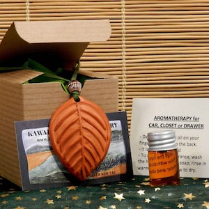 Peut inclure: Ensemble d'aromathérapie avec un diffuseur en forme de feuille en terre cuite, une petite bouteille d'huile essentielle et une carte d'instructions. L'ensemble est présenté dans une boîte en carton marron avec un ruban vert. La carte indique "AROMATHERAPY for CAR, CLOSET or DRAWER".