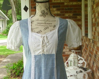 Gunne Sax Style Dress Tie Corset Blue Chambray and White Eyelet