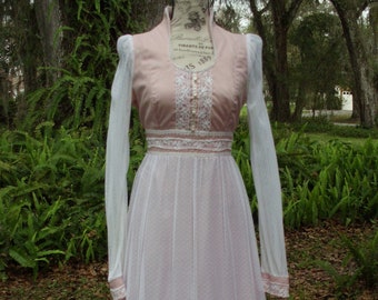May include: A vintage pink and white maxi dress with long sleeves and a lace overlay. The dress has a fitted bodice and a flowing skirt. The dress is made of a sheer fabric and has a lace trim.