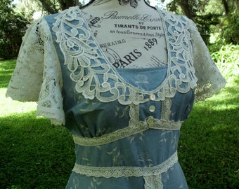 Gunne Sax Dress Prairie/Boho Style Muted Blue with Lace Flutter Sleeves