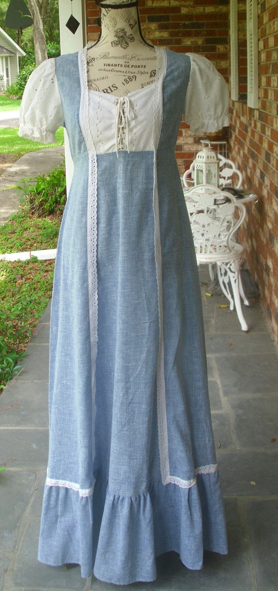 Gunne Sax Style Dress Tie Corset Blue Chambray and