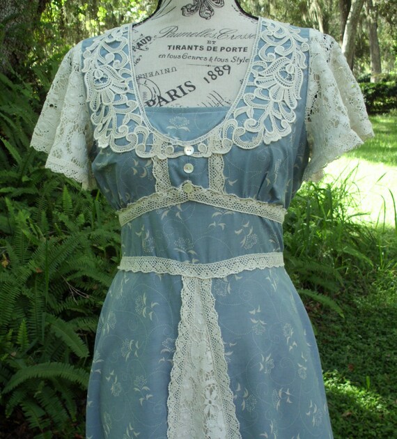 Gunne Sax Dress Prairie/Boho Style Muted Blue with La… - Gem