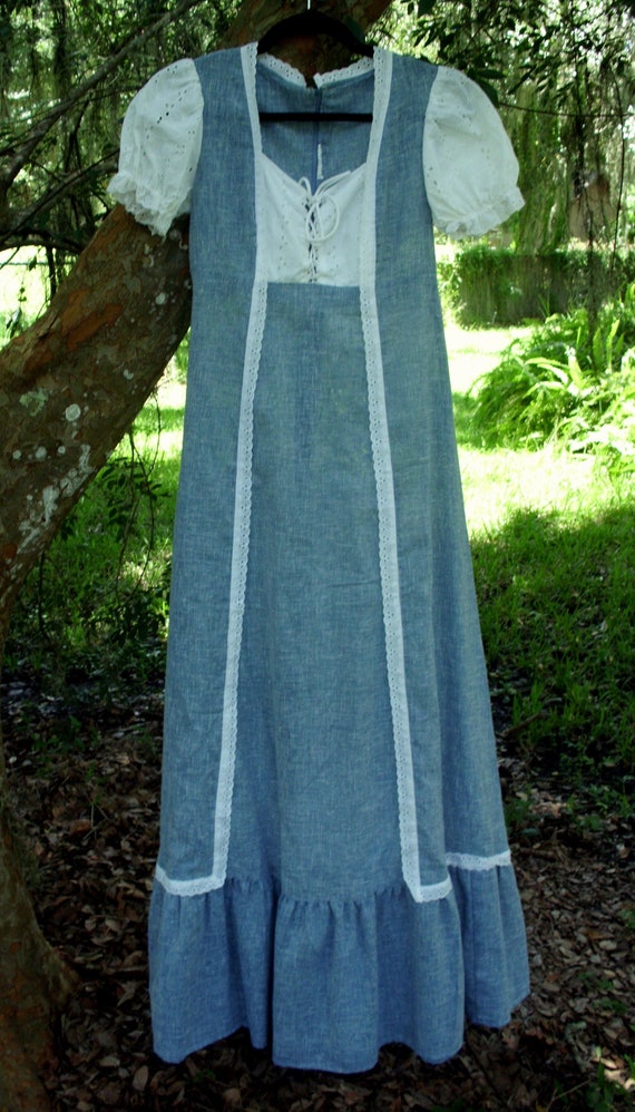 Gunne Sax Style Dress Blue Chambray and White Eyel