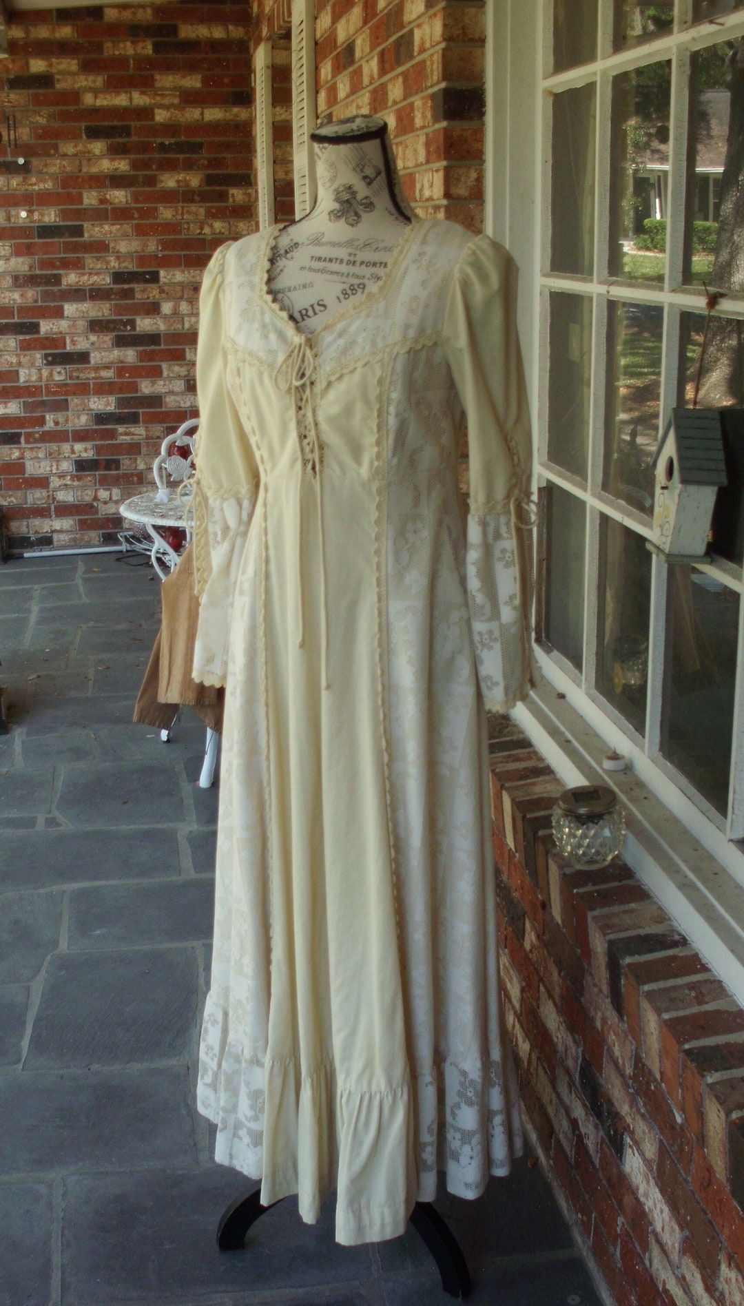Gunne Sax Dress Ren Style in Cream Cotton With Tie Corset, Bell Sleeves ...