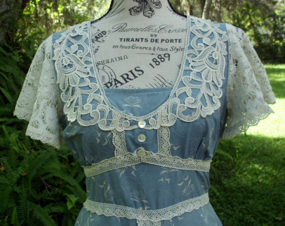 Gunne Sax Dress Prairie/Boho Style Muted Blue wit… - image 7