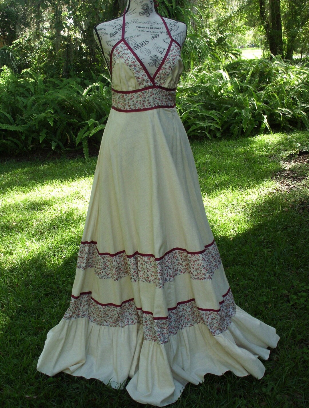 Gunne Sax Halter Dress Full Length Cream Cotton and Calico Size 13 - Etsy