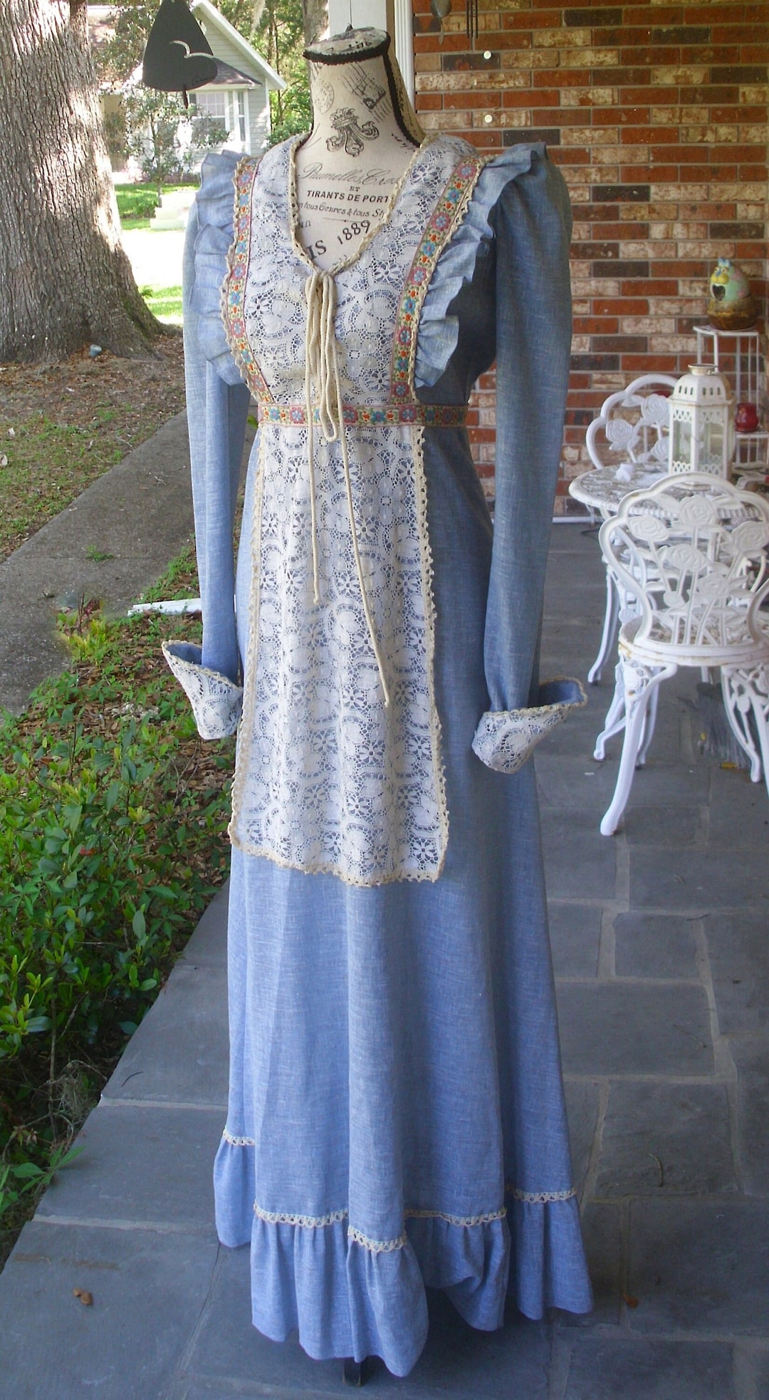 Gunne Sax Black Label Maxi Dress Blue Chambray With Tie Corset and Lace ...