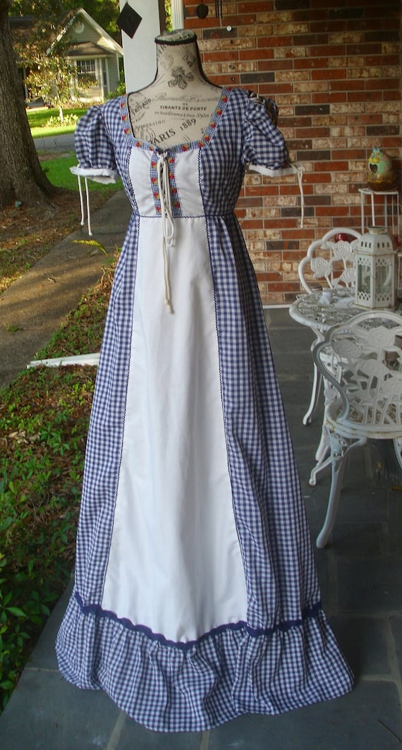 Gunne Sax Black Label Maxi Dress Blue and White Gingham with Embroidered Ribbon Size 11