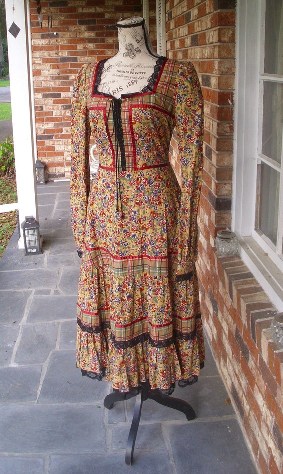 Gunne Sax Dress Calico, Plaid and Lace Midi Size 1