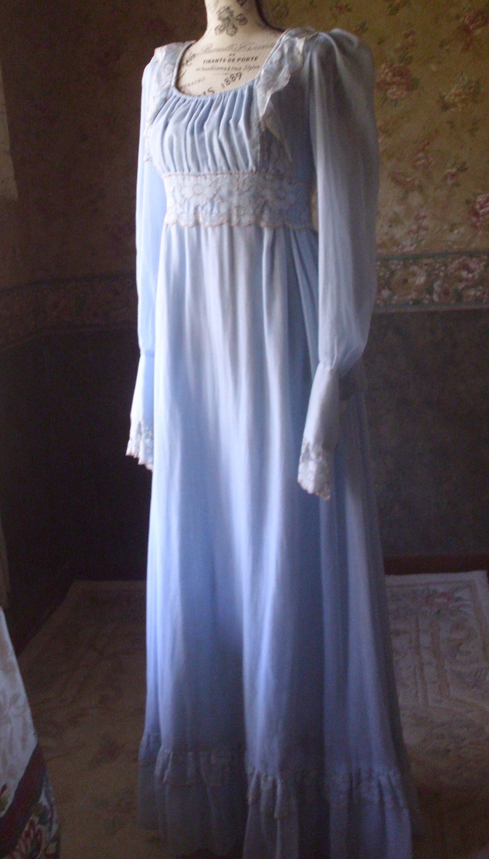 Black Label Gunne Sax Dress Ren Style in Blue Voile and Lace Size 11 - Etsy
