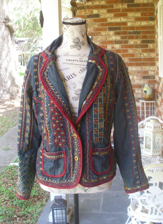 Chico's Denim Embroidered and Beaded Jacket Size 1