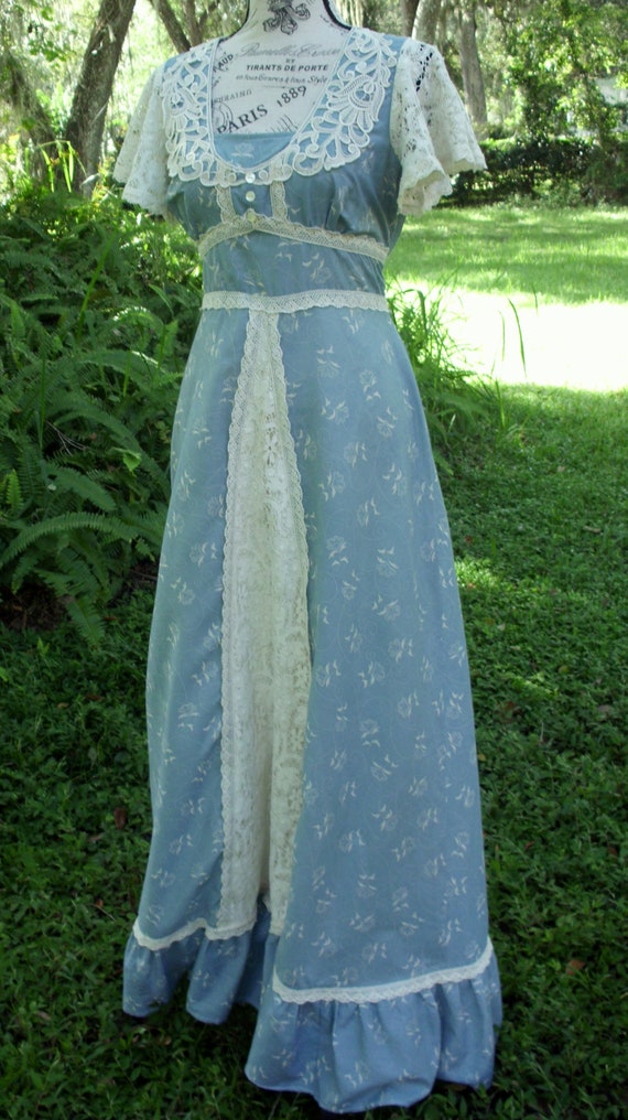 Gunne Sax Dress Prairie/Boho Style Muted Blue wit… - image 2