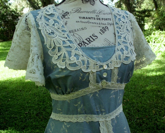 Gunne Sax Dress Prairie/Boho Style Muted Blue wit… - image 1