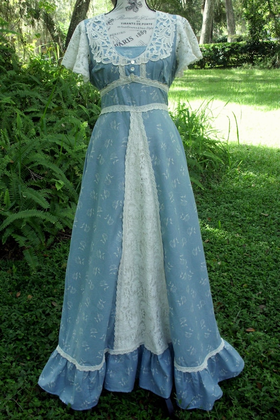 Gunne Sax Dress Prairie/Boho Style Muted Blue wit… - image 6