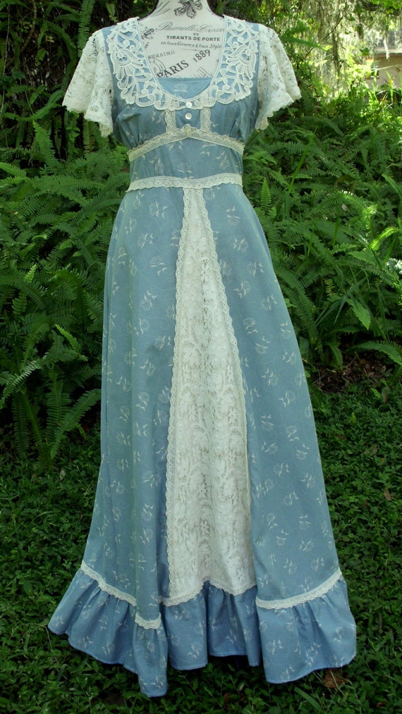 Gunne Sax Dress Prairie/Boho Style Muted Blue wit… - image 8