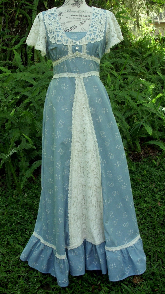 Gunne Sax Dress Prairie/Boho Style Muted Blue with La… - Gem