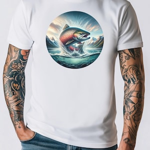 Salmon fly fishing T-shirt, funny fish enthusiast apparel gift idea for fisherman, Dad Grandad fun present, classic graphic angler adult tee