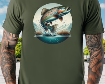 Trout fly Fishing T-Shirt, Jumping Fish Graphic, Cotton Angler Tee