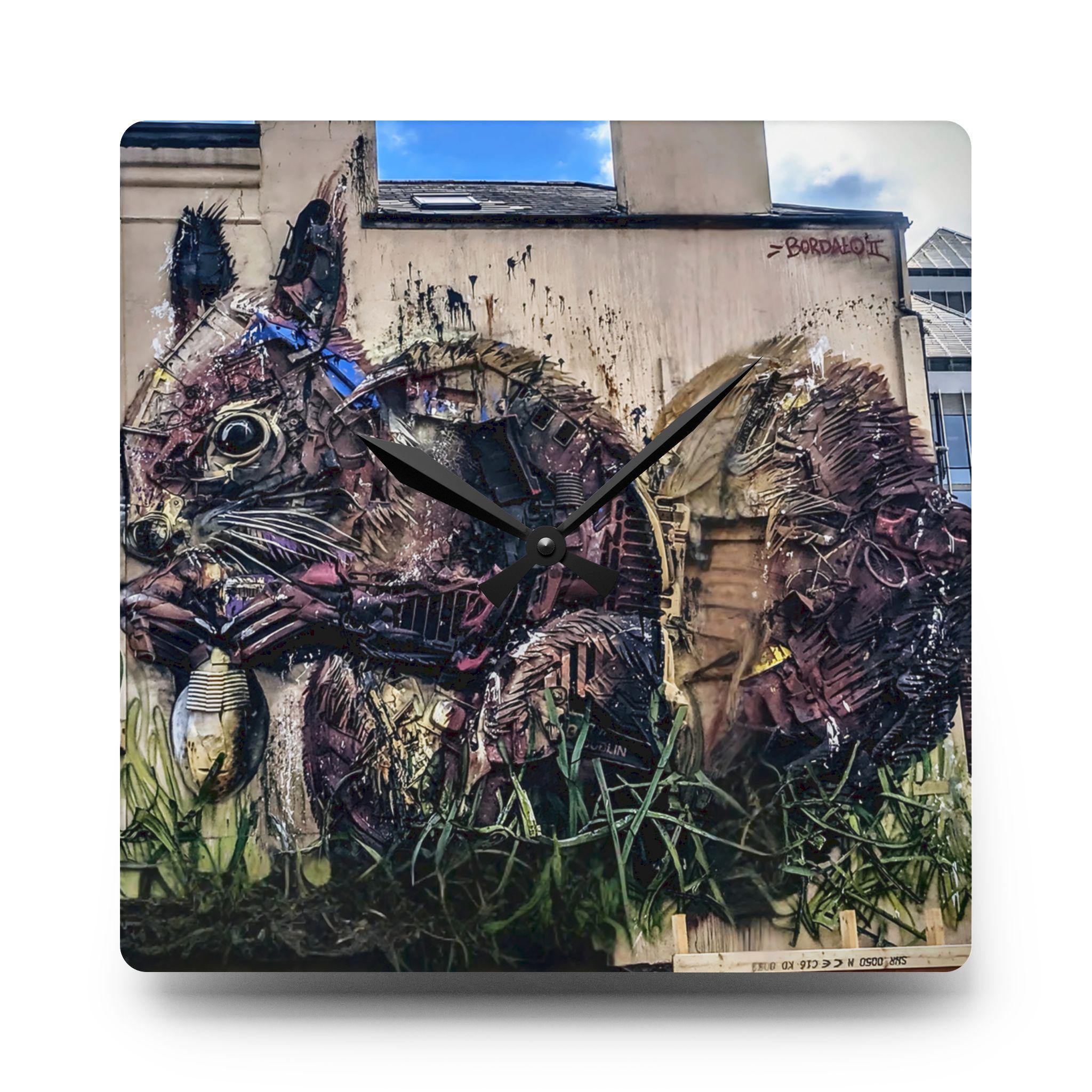 Steam Punk Squirrel Acrylic Wall Clock, Dublin Ireland Wall Mural Decor, Unique Home Office Decor, Vintage Steampunk Art Clock, Rustic