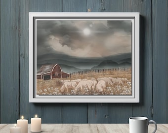 Farmhouse Landscape Framed Canvas Art Print, Rustic Home Decor, Country Wall Art, Nature Scene, Gift for Farm Lovers