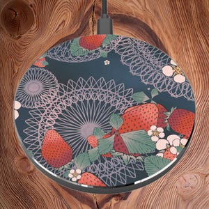 Floral Wireless Charger, Strawberry Design, Fast Phone Charging Station, Gift for Her, Home Office Decor, Eco-Friendly Tech