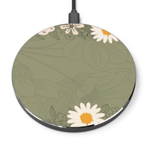 Floral Design Wireless Charger, Eco-Friendly Phone Charger, Gift for Her, Home Office Decor, Mother&#39;s Day Gift, Modern Tech