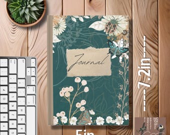 May include: A teal blue journal with a floral and butterfly design. The cover features a brown paper label with the word "Journal" written in cursive. The journal measures 5 inches wide by 7.2 inches tall.