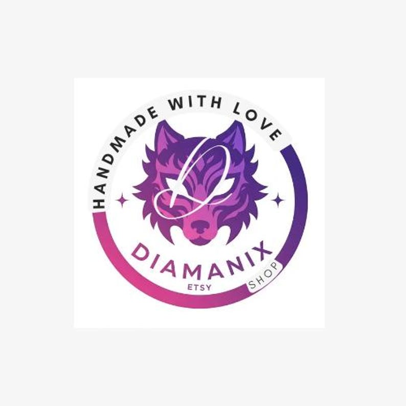 May include: A circular logo with a wolf head design in shades of purple and pink. The text "HANDMADE WITH LOVE" arches around the top, and "DIAMANIX SHOP ETSY" is at the bottom. The logo has a gradient effect.