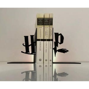 Wizard-Inspired Bookends. Minimalist HP Initials with Flying Broom Design