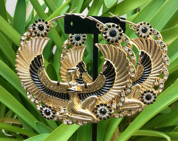 LARGE 90s Style Egyptian Goddess Isis Rhinestone Inlay Acrylic Cuban Link WEIGHTED Hoop Earrings