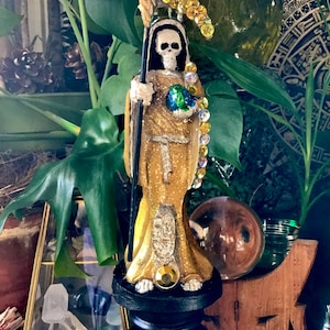 OOAK Religiöse Gold Santa Muerte La Flaca Mictlantecuhtli Sensenmann Mexikanische Statue Skulptur Altar