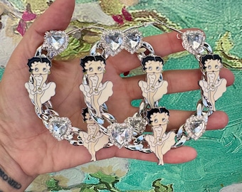 Betty Boop Vintage Cartoon Charm Hearts Chain Hoop Earrings